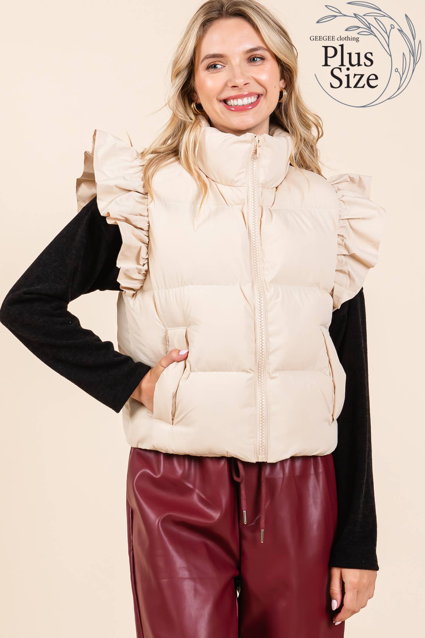 GeeGee x Lovelo - Wholesale Outerwear Vest - Women's - Plus Ruffled Sleeve Puffer Vest, MJ4501PL30