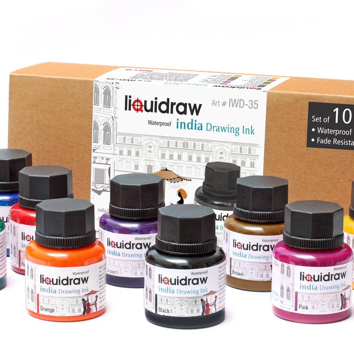 Liquidraw Coloured Drawing Ink Set India Ink, Waterproof, Set of 10 Assorted Colours, 35ml for wholesale by Liquidraw
