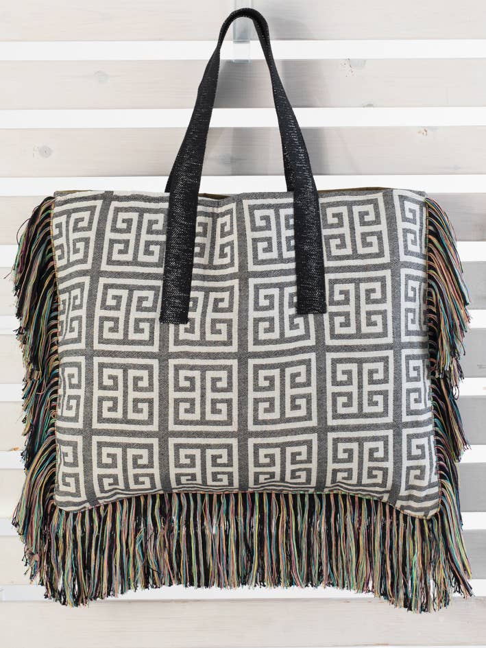 BEACH BAG MEANDROS BLACK COL. RELAX BL. FRINGE for wholesale by AELIA ANNA