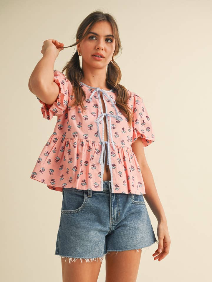 FLORAL TIE FRONT BUBBLE SLEEVE TOP MTP4060 for wholesale by &MERCI