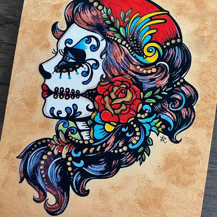 Dia de los Muertos Beauty with Roses Art Print for wholesale by Illustrated Ink