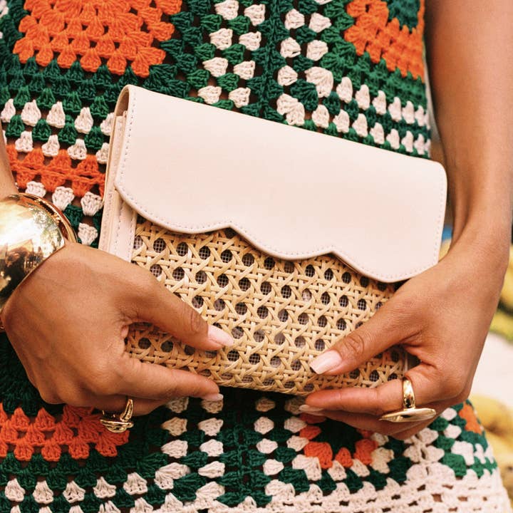 Cream Leather & Rattan Pouch Crossbody | Luxe Rattan Weave for wholesale by Soli & Sun