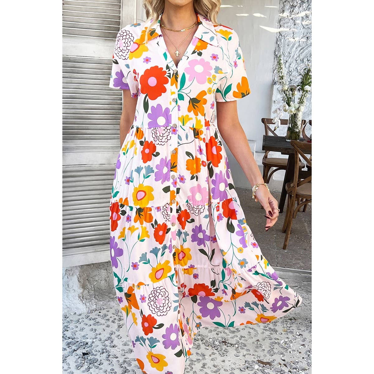 Elings - Wholesale Dress - Women's - Allover Printed Button Down Ruched Long Dress8