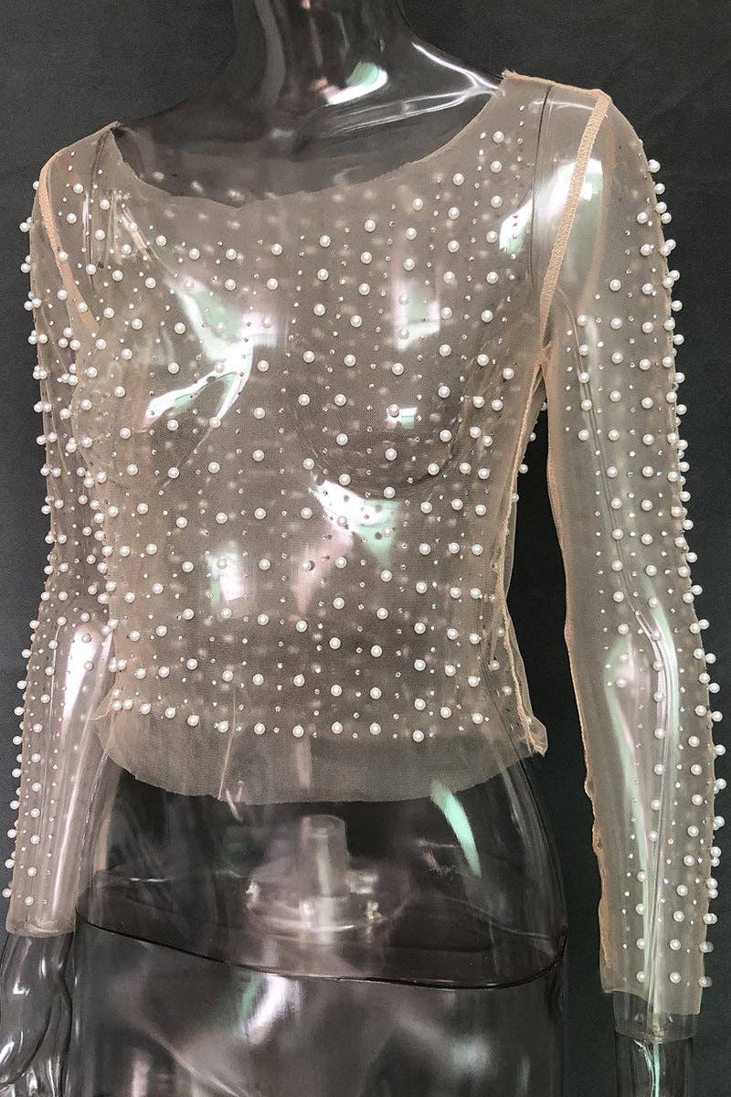 Mccolin - Vendita all'ingrosso Camicetta - Donna - Blusa Trasparente con Perle Decorate6