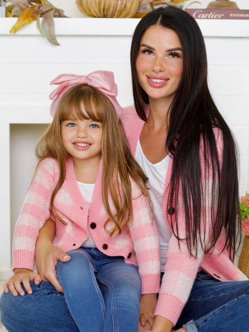 Mommy and Me Pink and White Checkered Oversized Cardigan for wholesale on Faire2
