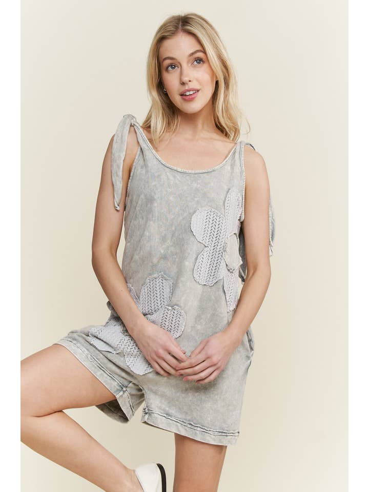 J.Her - Wholesale Romper - Women's - Mineral Washed Lace Petal Flower Patched romper HR6349