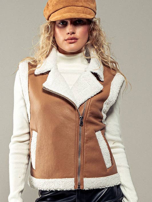 Asymmetric Sherpa Lined Moto Style Winter Vest for wholesale by Urban Daizy