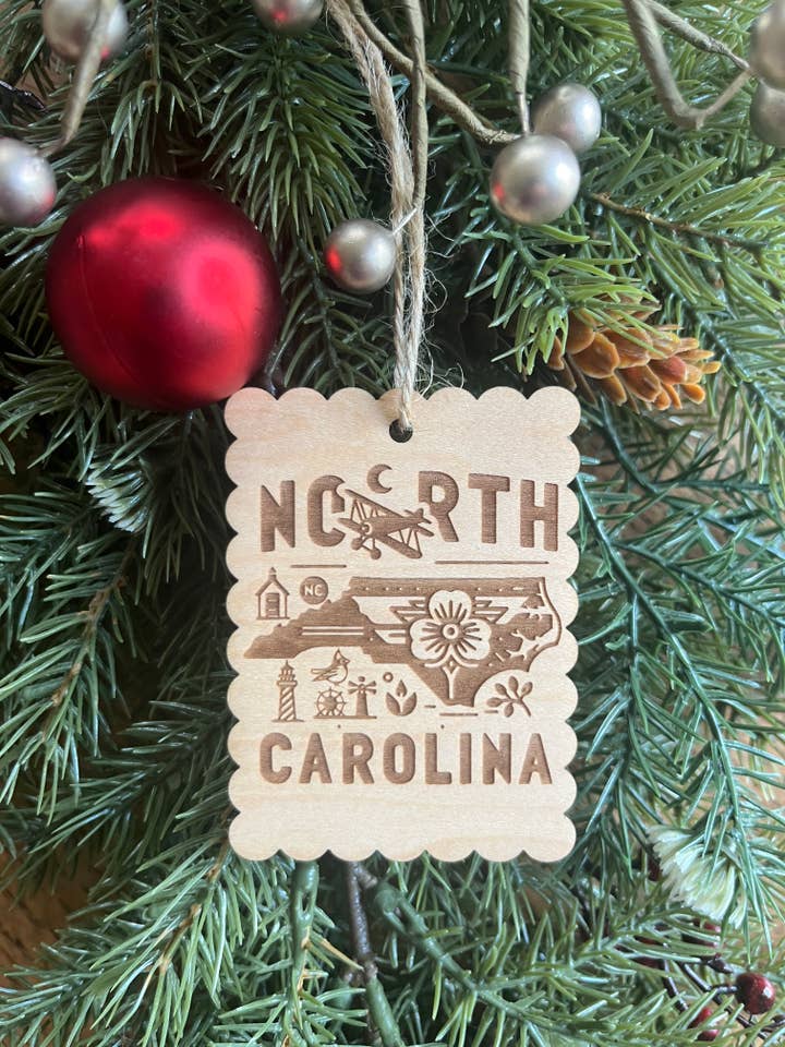 North Carolina Christmas Raleigh Wooden Christmas Ornament for wholesale by Rustic Raleigh