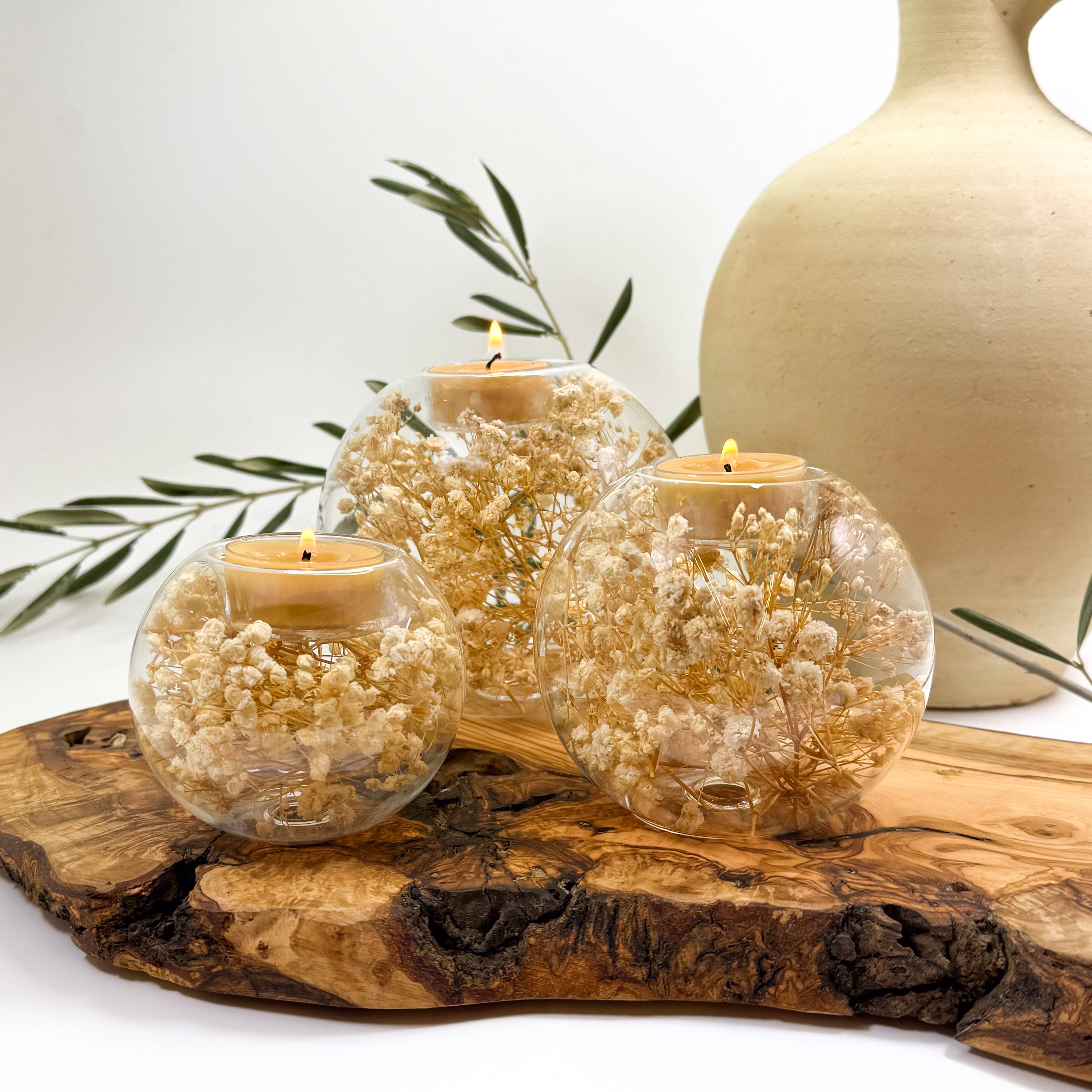 Suko Stones by MB - Wholesale Candle Holder - Saku Hana Candles with Baby's Breath - Trio 1