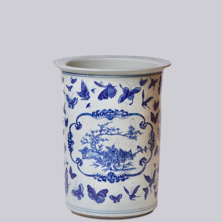 Cobalt Guild - Wholesale Umbrella Stand - Blue and White Butterfly Porcelain Umbrella Stand