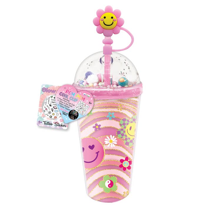 Hot Focus, Inc. - Wholesale Drinking Glass/Cup - Kids & Baby - Pom Pom Cool Cup, Groovy Flower