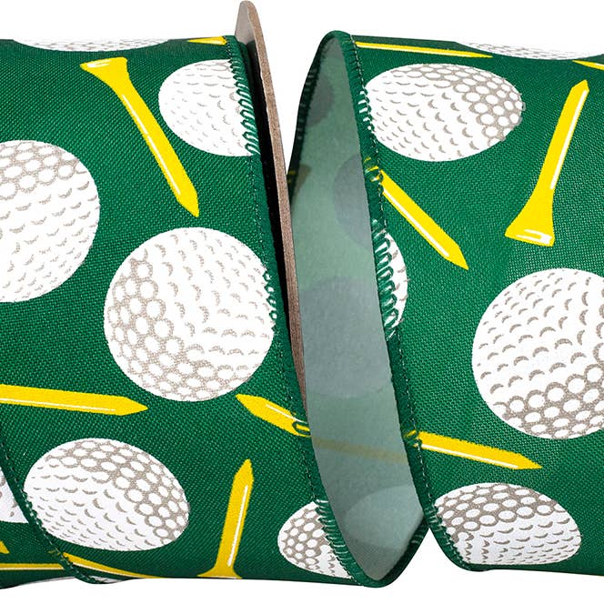Golf Balls And Tees Linen Wired Edge Ribbon, Hunter for wholesale by RELIANT RIBBON