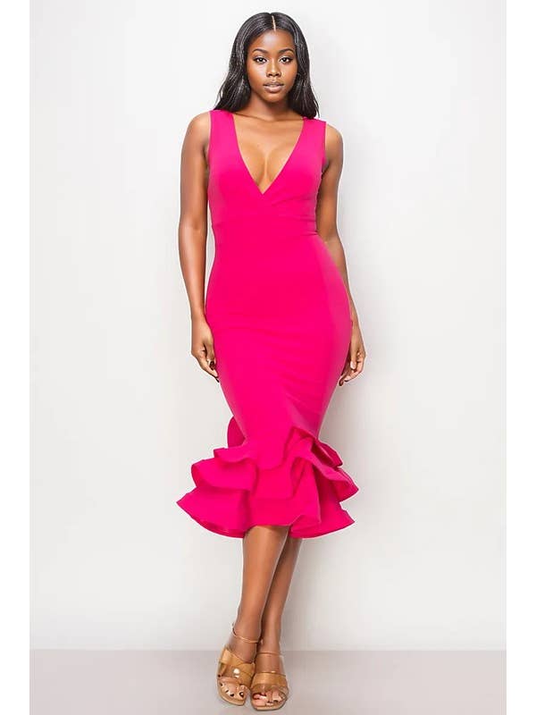 5besties inc - Wholesale Dress - Women's - Valentine V-neck Ruffle Detail Midi Dress.
