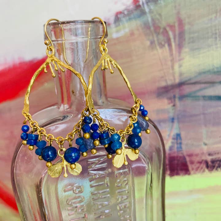 Gemstone Dangle Earrings "Wishbone" lapis/dark blues for wholesale by Waterlily