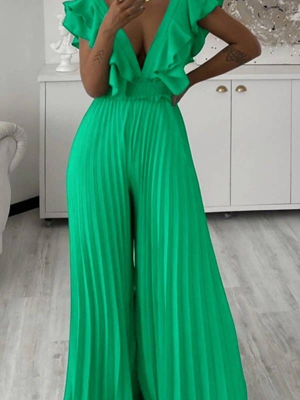 Macacão com Decote em V, Peplum e Pernas Largas por atacado de Aria Romance