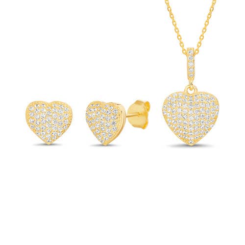 Set orecchino/collana con pavé a forma di cuore in argento Sterling placcato in oro per la vendita all'ingrosso da parte di Atlanta Jewelers Supply