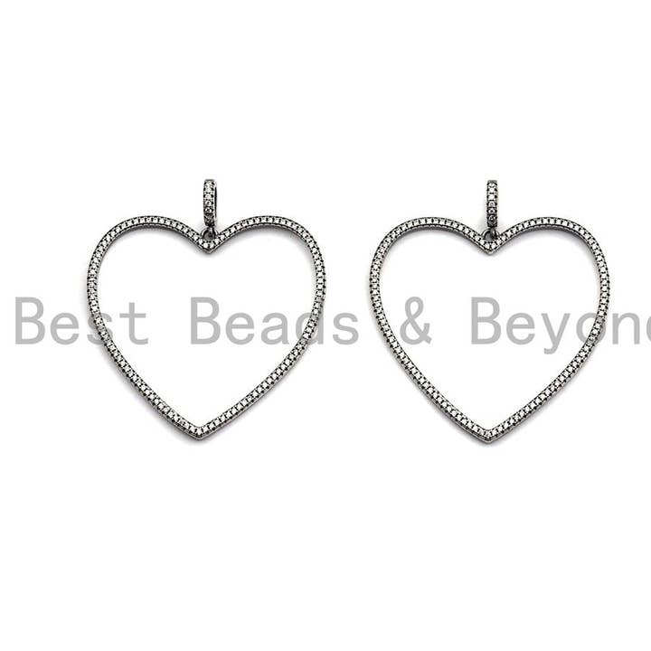 Rhidium CZ Micro Pave Large Hollow out Heart Pendant, Oxidized Silver Pave Pendant, Antique Silver Fashion Jewelry Findings, 43mm, sku#X118 for wholesale by BestBeads&Beyond