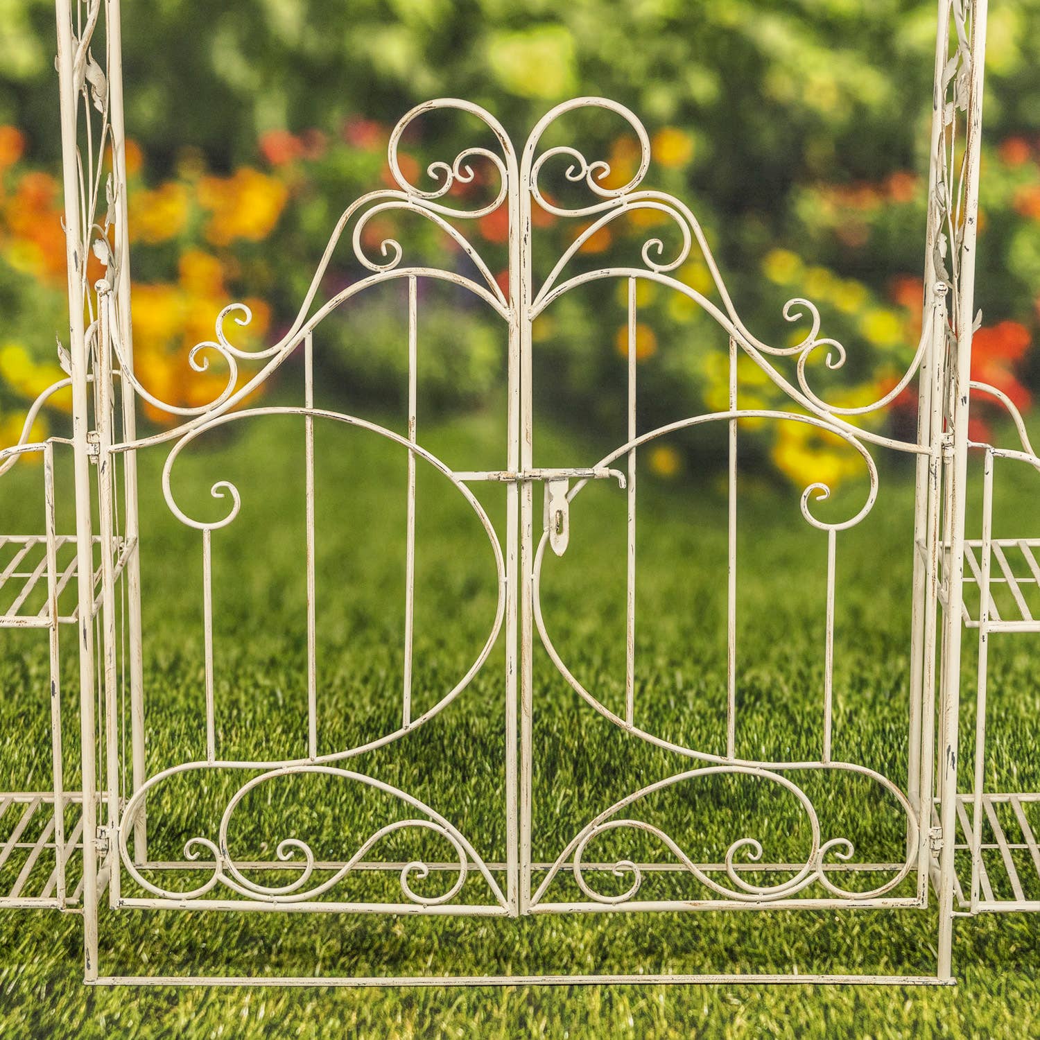 Zaer Ltd. International - Wholesale Outdoor Ornament/Decor - Iron Garden Gate w/Side Plant Stands "Stephania" in 3 Colors19