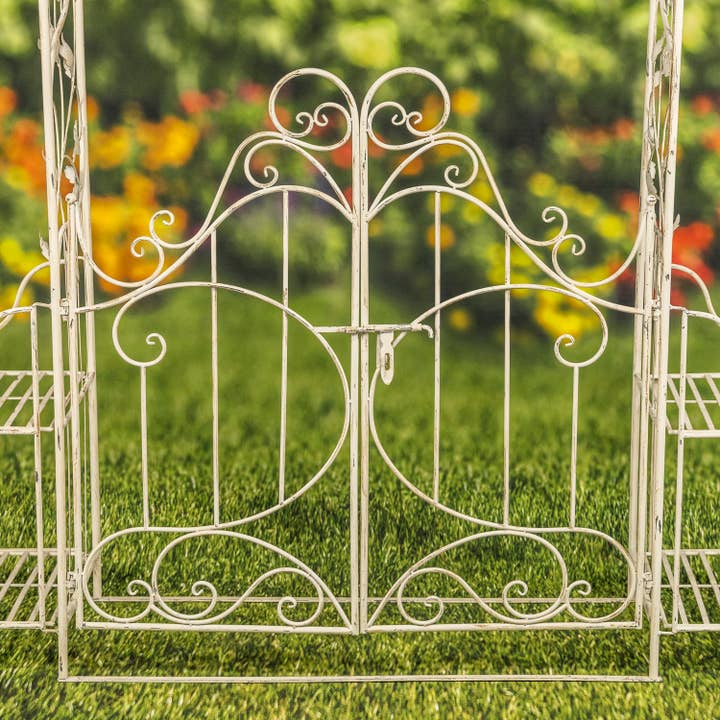 Zaer Ltd. International - Wholesale Outdoor Ornament/Decor - Iron Garden Gate w/Side Plant Stands "Stephania" in 3 Colors19