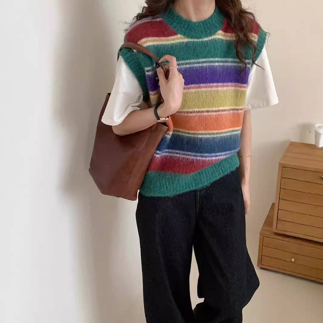 Marayn - Wholesale Cardigan - Women's - Retro Rainbow Stripe Knit Cardigan Cozy  Chic18