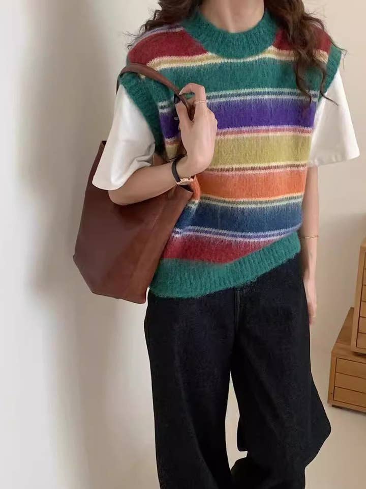 Marayn - Wholesale Cardigan - Women's - Retro Rainbow Stripe Knit Cardigan Cozy Chic18