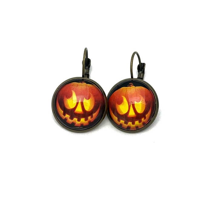2016 Jack-o’-lantern USA Halloween Stamp - Postage stamp jewelry - Postage Stamp Earrings - French clip earrings in antique bronze finish for wholesale by Postage Stamp Jewelry