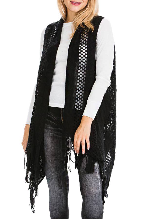 Cap Zone - Vendita all'ingrosso Gilè imbottito - Donna - Gilet lungo cardigan lavorato a maglia con frange lavorate all'uncinetto13