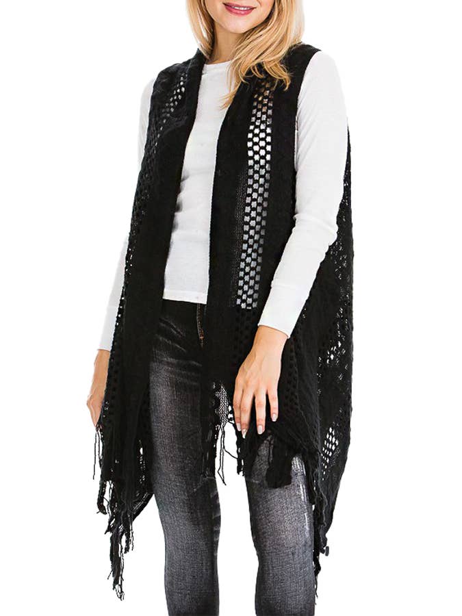 Cap Zone – Colete - Mulher por atacado – Cabo Crochet malha franja guarnição Cardigan Long Vest7