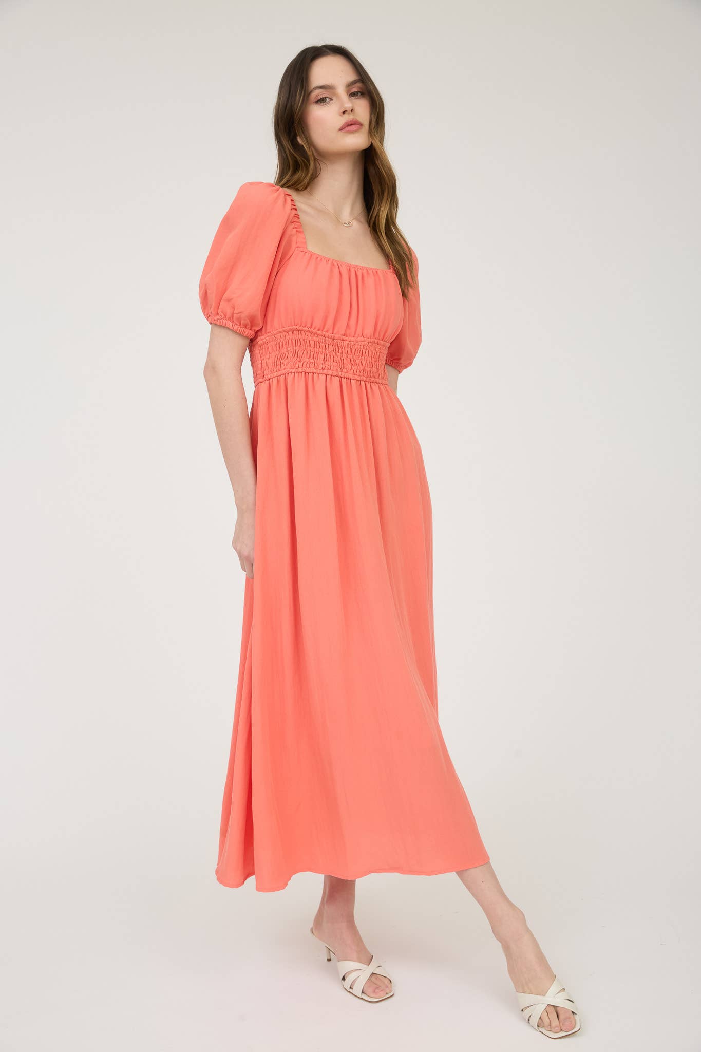 MINE – wholesale Dress – Women's – SOLID SMOCKED WAIST BALLOON SLEEVE MIDI DRESS25