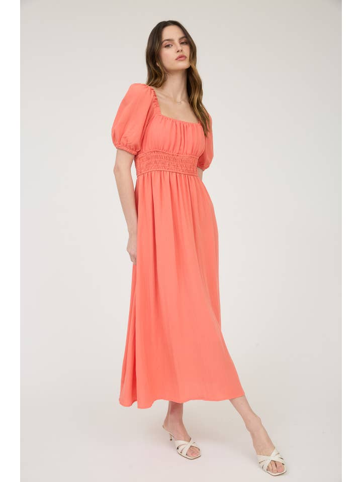 MINE – wholesale Dress – Women's – SOLID SMOCKED WAIST BALLOON SLEEVE MIDI DRESS25