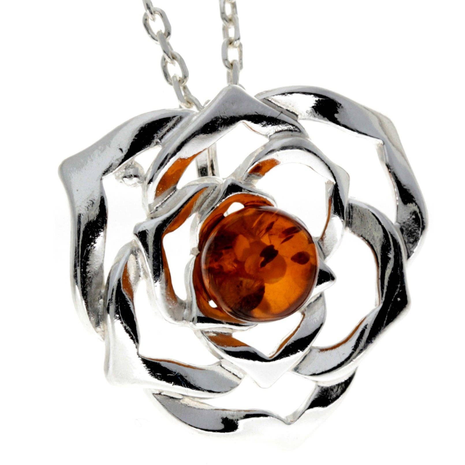 SilverAmber Jewellery – Großhandel Kette mit Anhänger/Charm – Moderner Designer-Rosenanhänger aus 925er-Sterlingsilber und baltischem Bernstein — 6703