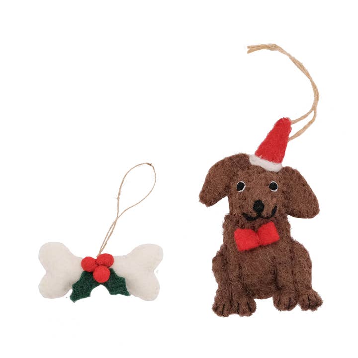 Chocolate Labrador Santa Dog and Doggie Treat Bone Wool Felt for wholesale by Global Groove Life