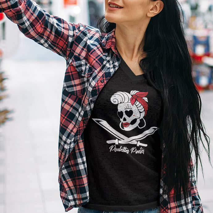 „Poulettes Pirates“ Kurzarm-T-Shirt für Damen, Schwarz für den Großhandel von Poulettes Sisters