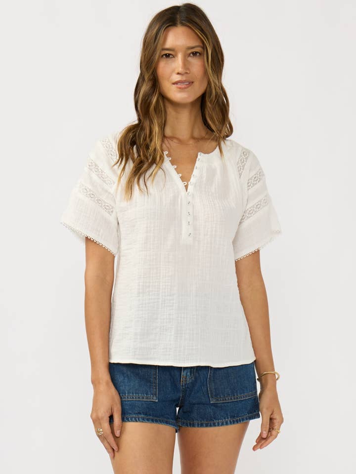 Half Button Front Gauze Top with Lace Trims for wholesale by Lovestitch