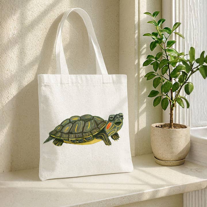 Canvas Tote Bag with Turtle Illustration for wholesale by MerikaArt