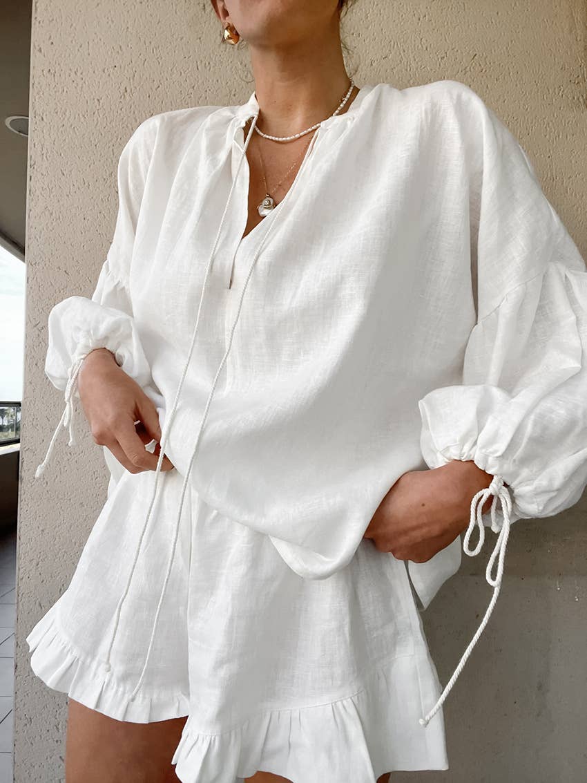 Lily Clothing - Wholesale Top & Short Set (NOT Loungewear) - Women's - COTTON LINEN V-NECK LANTERN SLEEVE SHORTS SUIT1