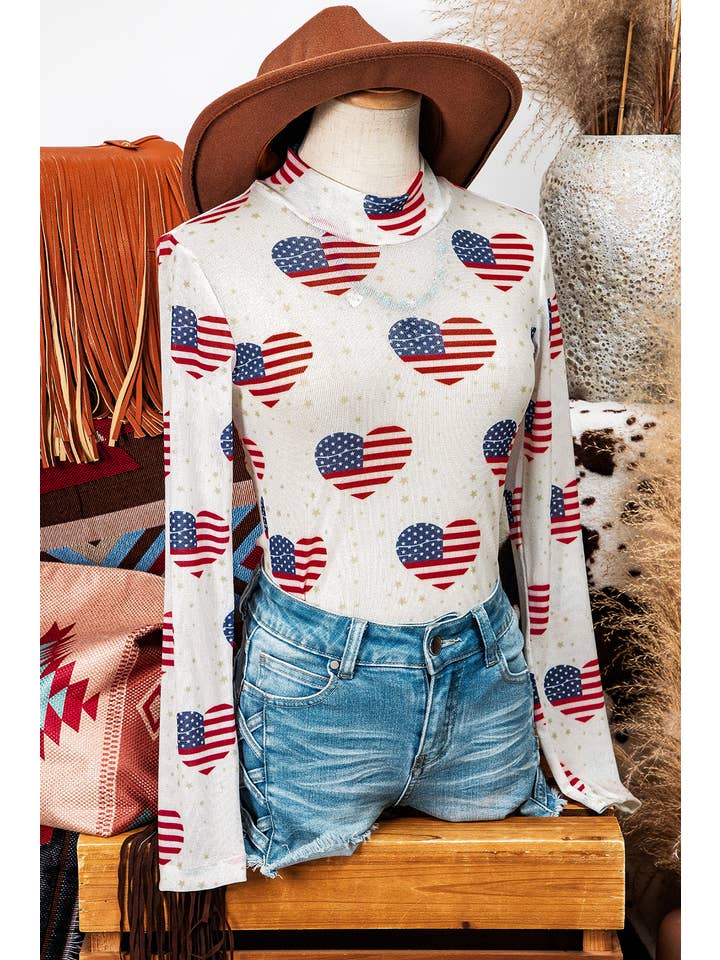 As shown Fashion-W Americana Glitter Mesh Long Sleeve Bodysuit for wholesale on Faire