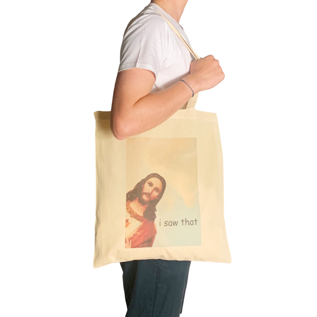ZZZEBRAAA LIMITED – wholesale Tote bag – Unisex – Funny Jesus 'I Saw That' Meme Tote Bag Christian Religion1
