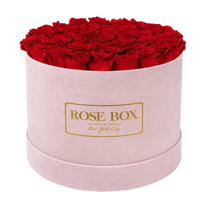 Rose Box NYC – Großhandel Künstliche Blumen – Große runde rosa Schachtel mit roten Flammenrosen