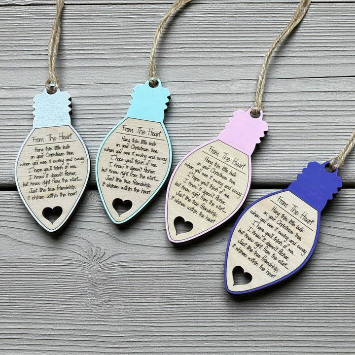 Friendship Lightbulb Ornament – Wooden Keepsake with Poem for wholesale by The Delightful Dabbler LLC