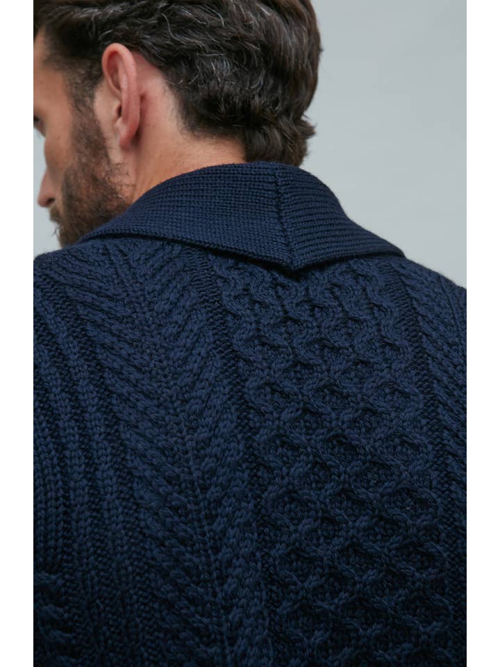 Paul James Knitwear - Wholesale Cardigan - Men's - Mens Chunky Merino Wool Shawl Collar Cable Cardigan11