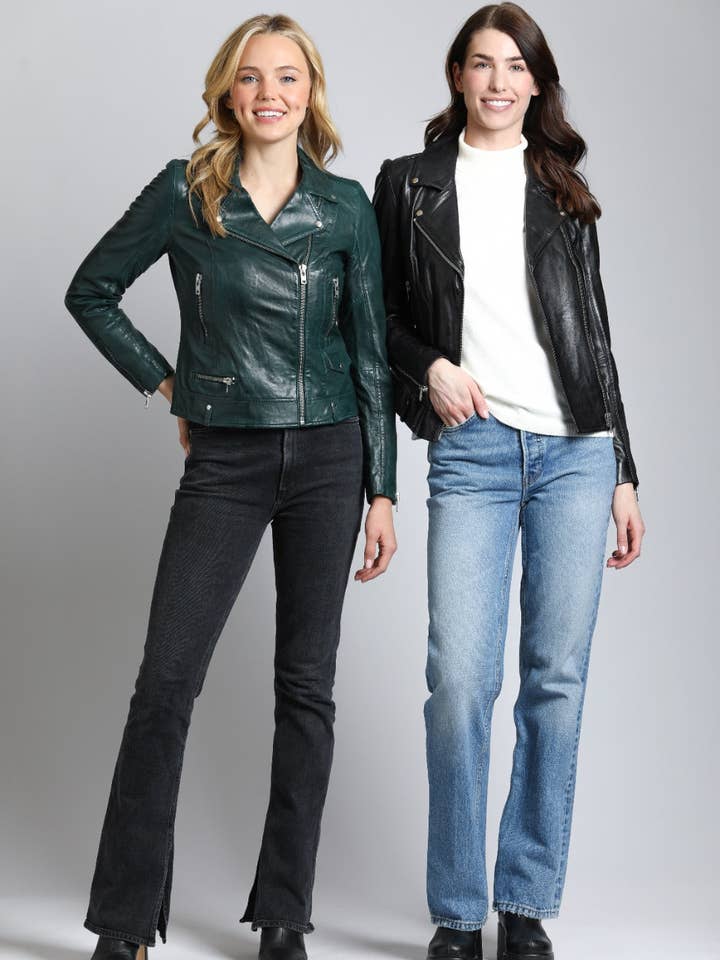 Classic Moto Jacket In Lamb Nappa - Green Vinyl for wholesale on Faire7