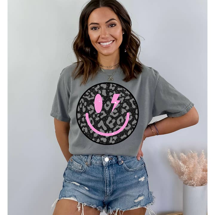 Cheetah Smiley Graphic Tee for wholesale by Flener’s Boutique