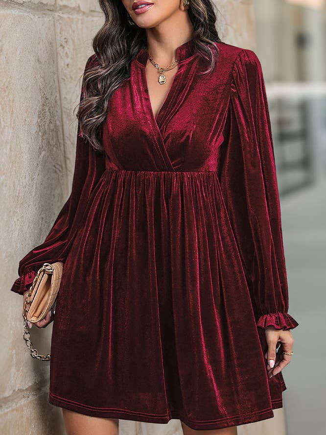 UNISHE - Wholesale Dress - Women's - Long Sleeves V Neck Smocked Velvet Dress BFZY11960