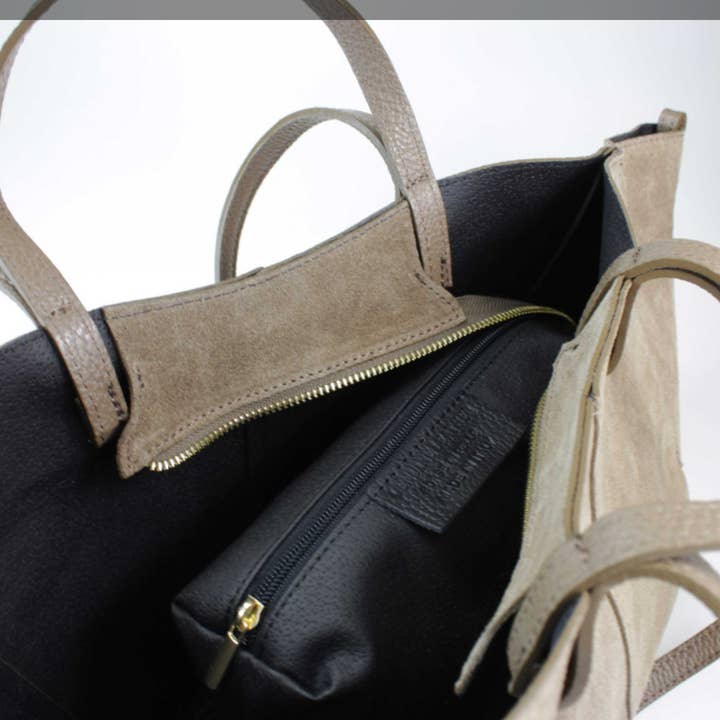 JIJOU CAPRI - Wholesale Tote Bag - Women's - 956 Italian Suede Leather Taupe Travel Bag w/ Leather Pouch