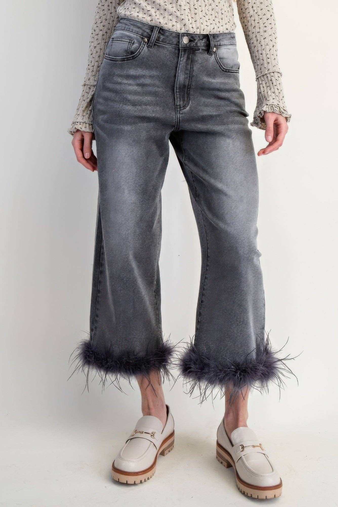 Garden Naked - Wholesale Jeans - Women's - Fur Bottom Hem Washed Stretch Denim Pants