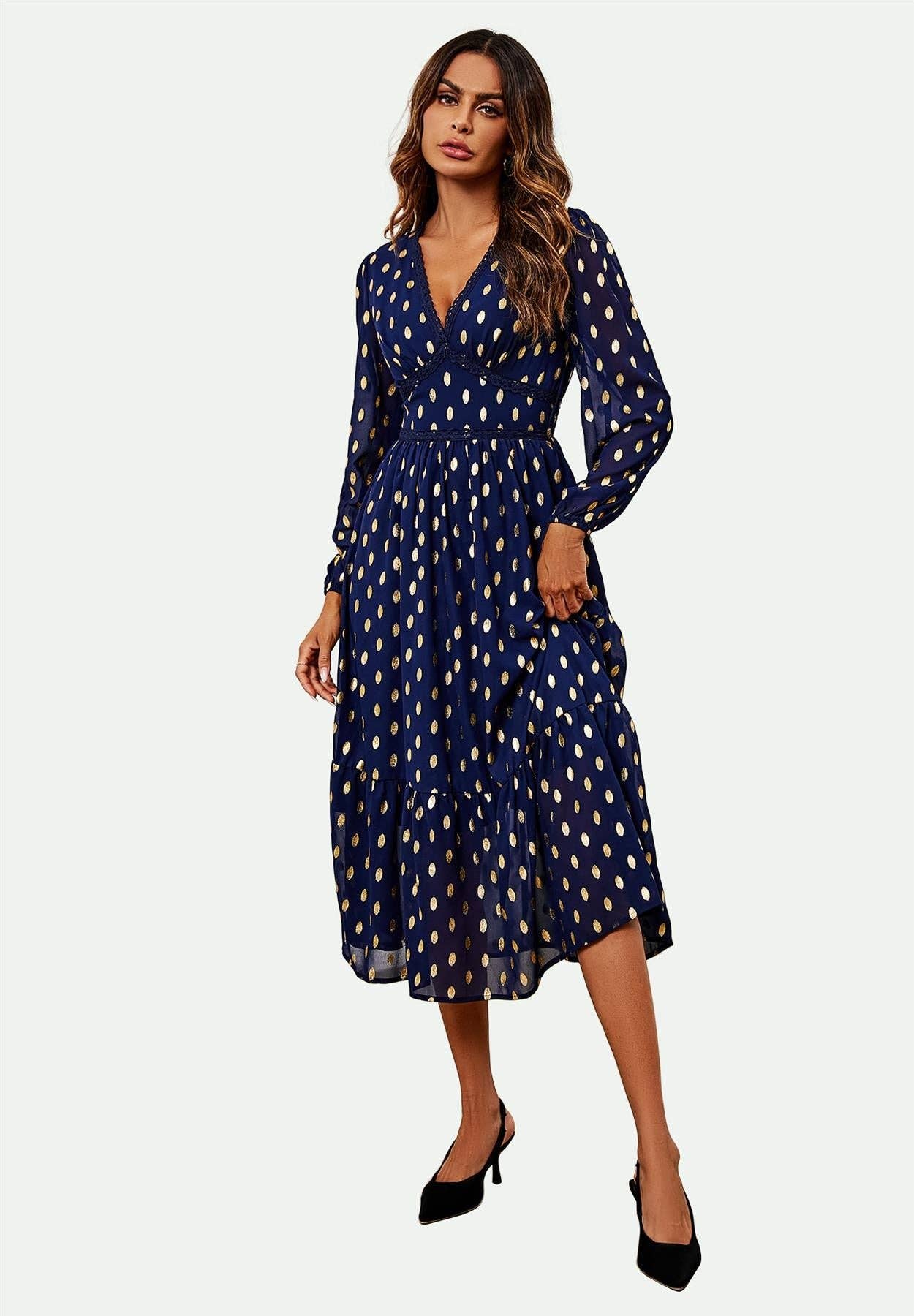 Lace Trim Foil Long Sleeve Maxi Dress In Navy for wholesale on Faire0