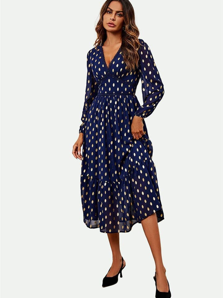 Lace Trim Foil Long Sleeve Maxi Dress In Navy for wholesale on Faire