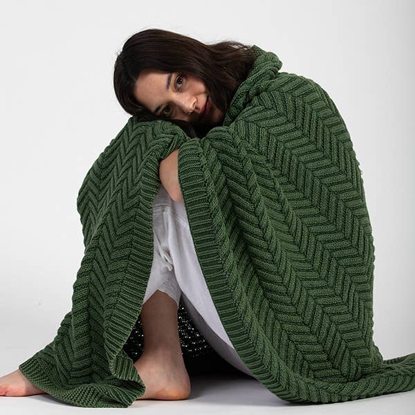Washed Chevron Organic Cotton Knit Throw Blanket Seaweed for wholesale by Pink Lemonade