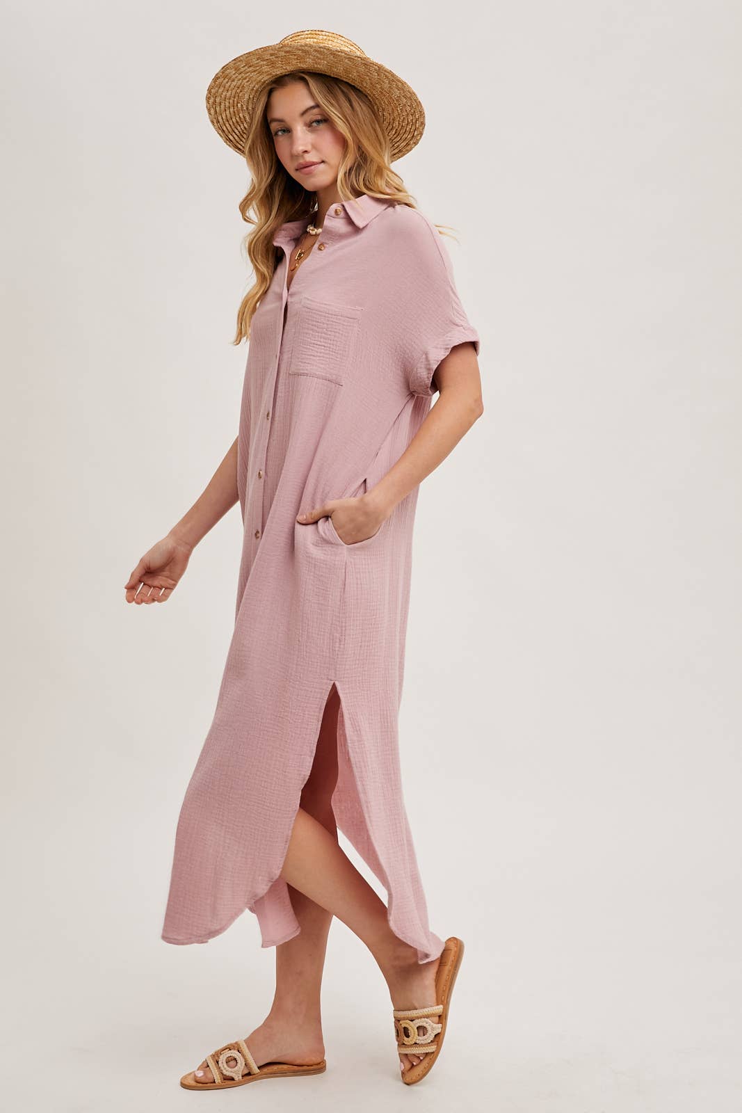 Bluivy - Wholesale Dress - Women's - BUTTON UP MAXI SHIRT DRESS WITH POCKET100